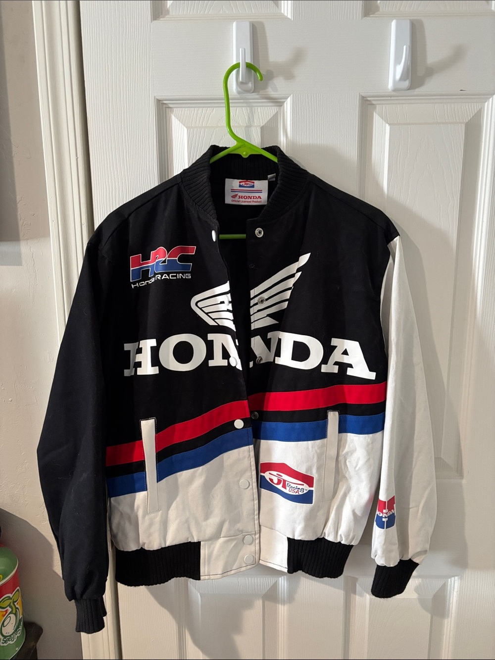 Honda Black & White Racing Bomber Jacket with Red & Blue Stripes